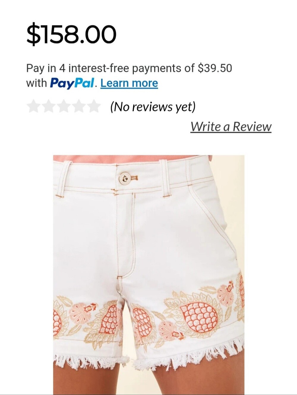 Spartina 449 White Denim Shorts with Coral & Gold Pineapple Embroidery